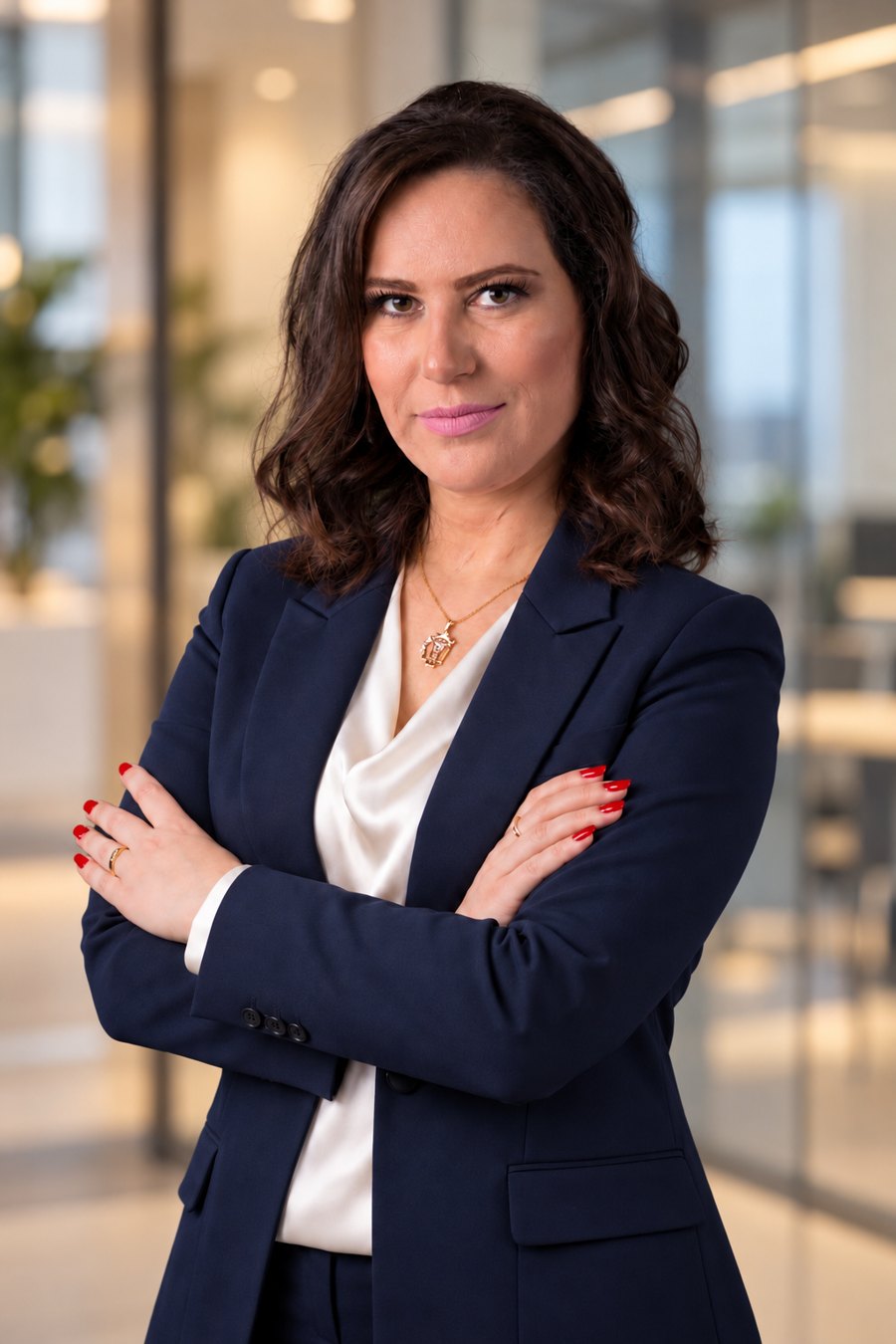 Dra. Carine Nunes Nervo Tessari, de blazer azul-marinho e blusa clara, com os braços cruzados em um escritório